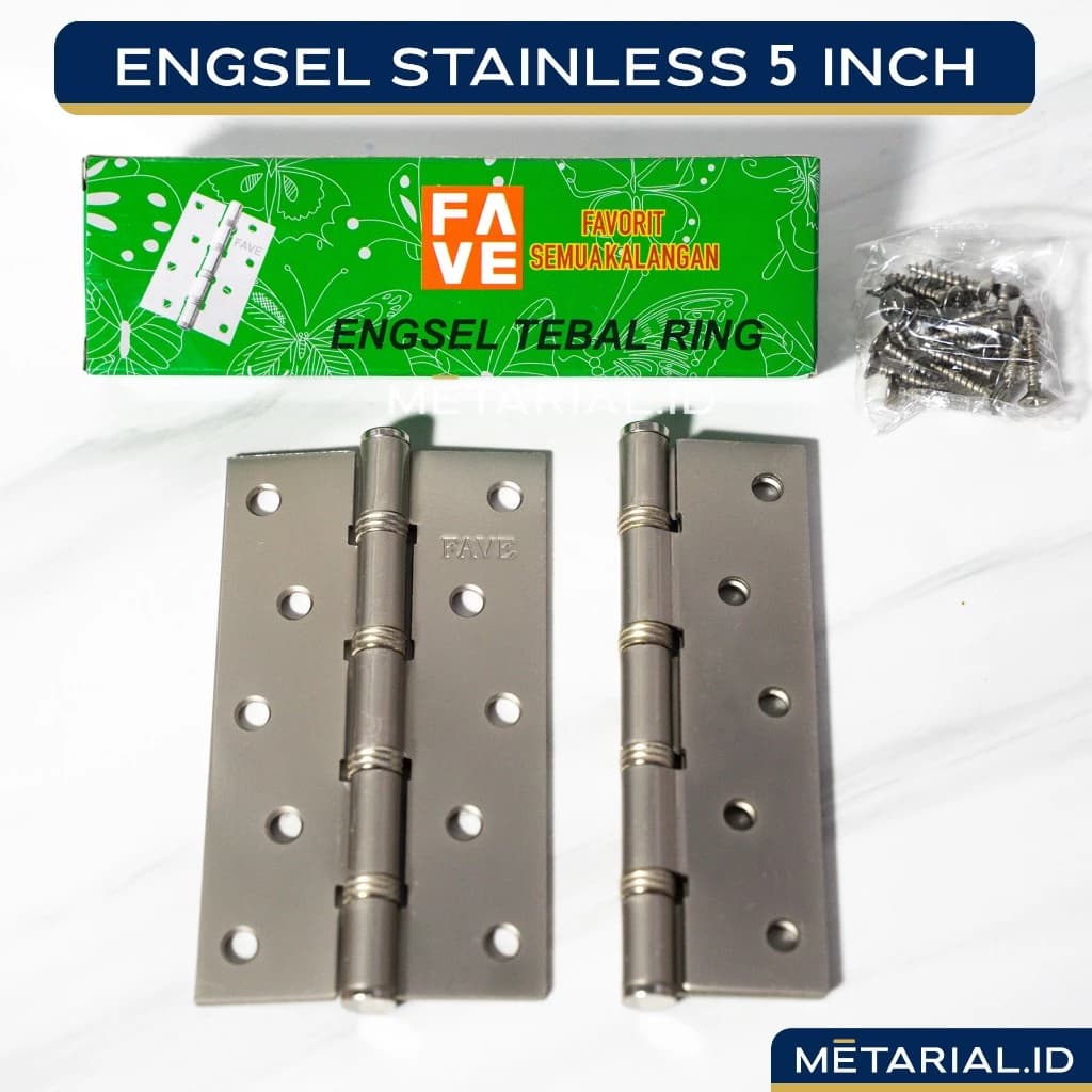 Engsel Tebal Bearing Stainless 5" Inch FAVE | Pintu Jendela Silver Stenlis Anti Karat (LAHAR KUAT)