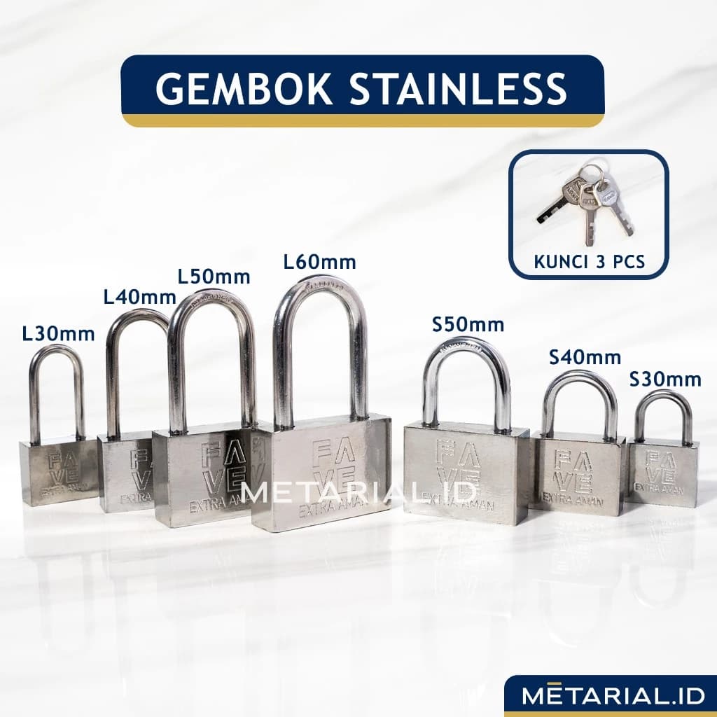 Gembok Stainless FAVE Besi Baja Leher Panjang/Pendek 30mm 40mm 50mm 60mm Pintu Pagar / Toko / Gudang